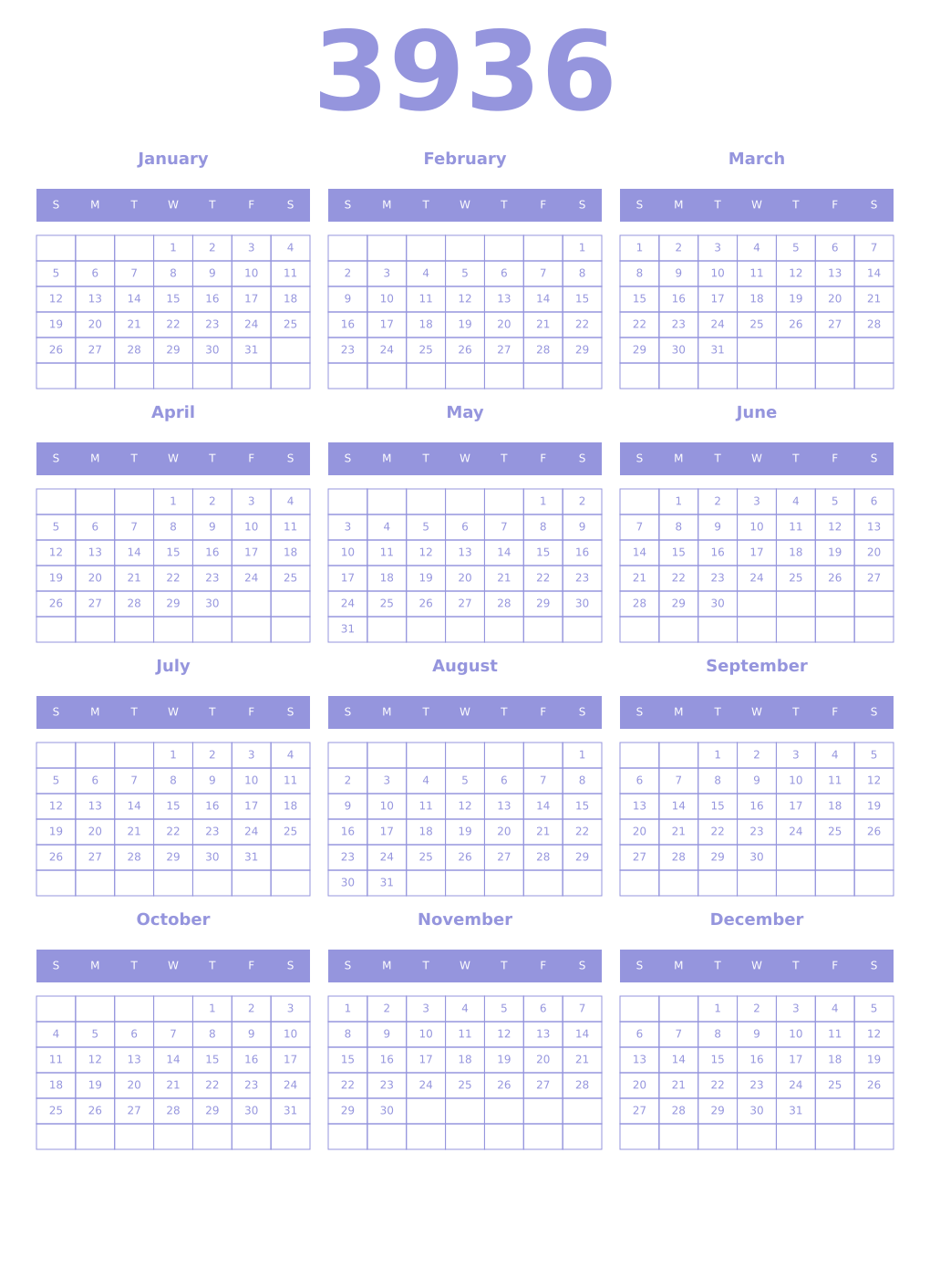 Printable 3936 Year Calendars periwinkle