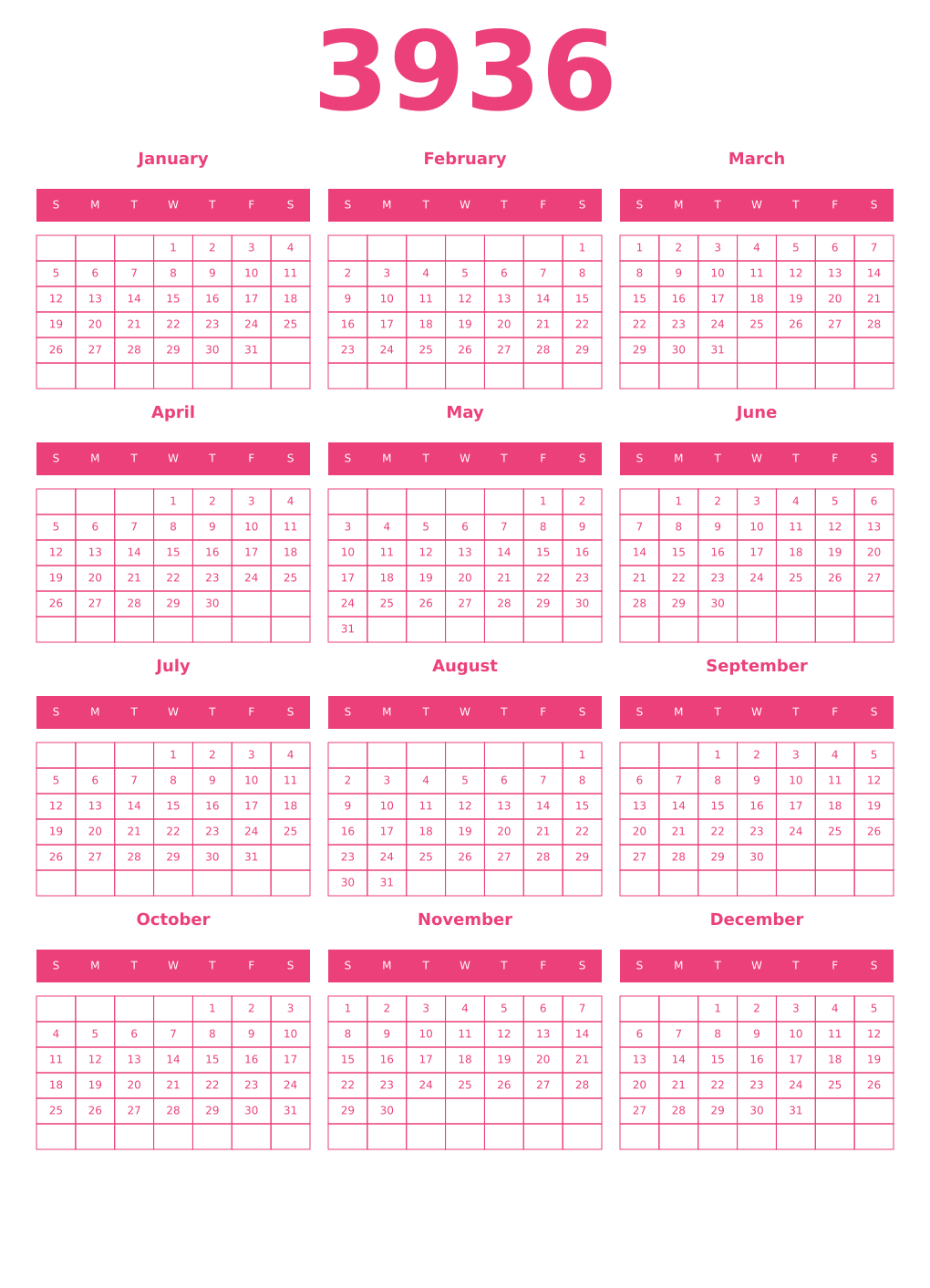 Printable 3936 Year Calendars pink