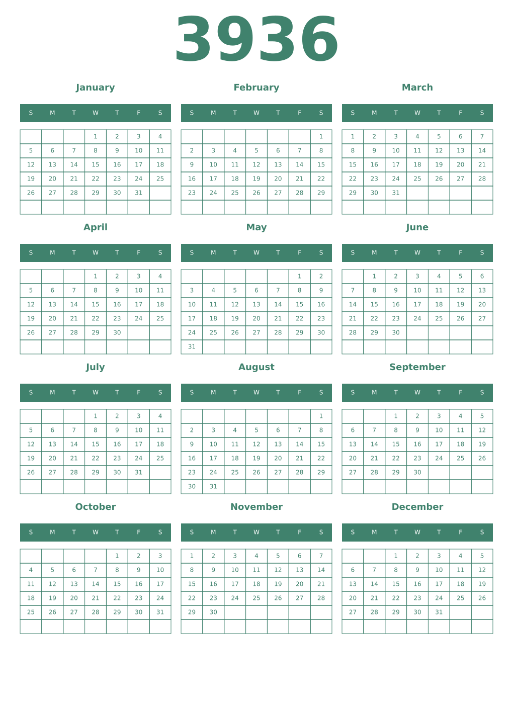 Printable 3936 Year Calendars viridian