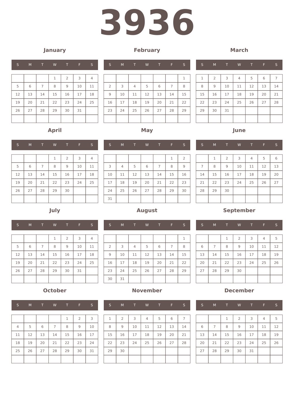 Printable 3936 Year Calendars wenge