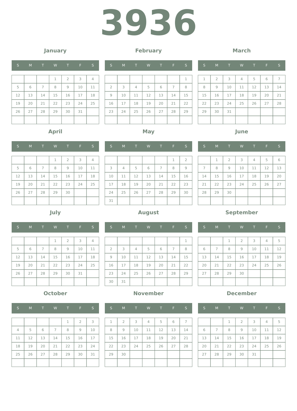 Printable 3936 Year Calendars xanadu