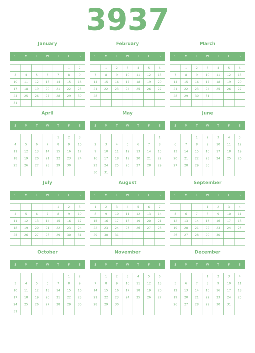 Printable 3937 Year Calendars celadon