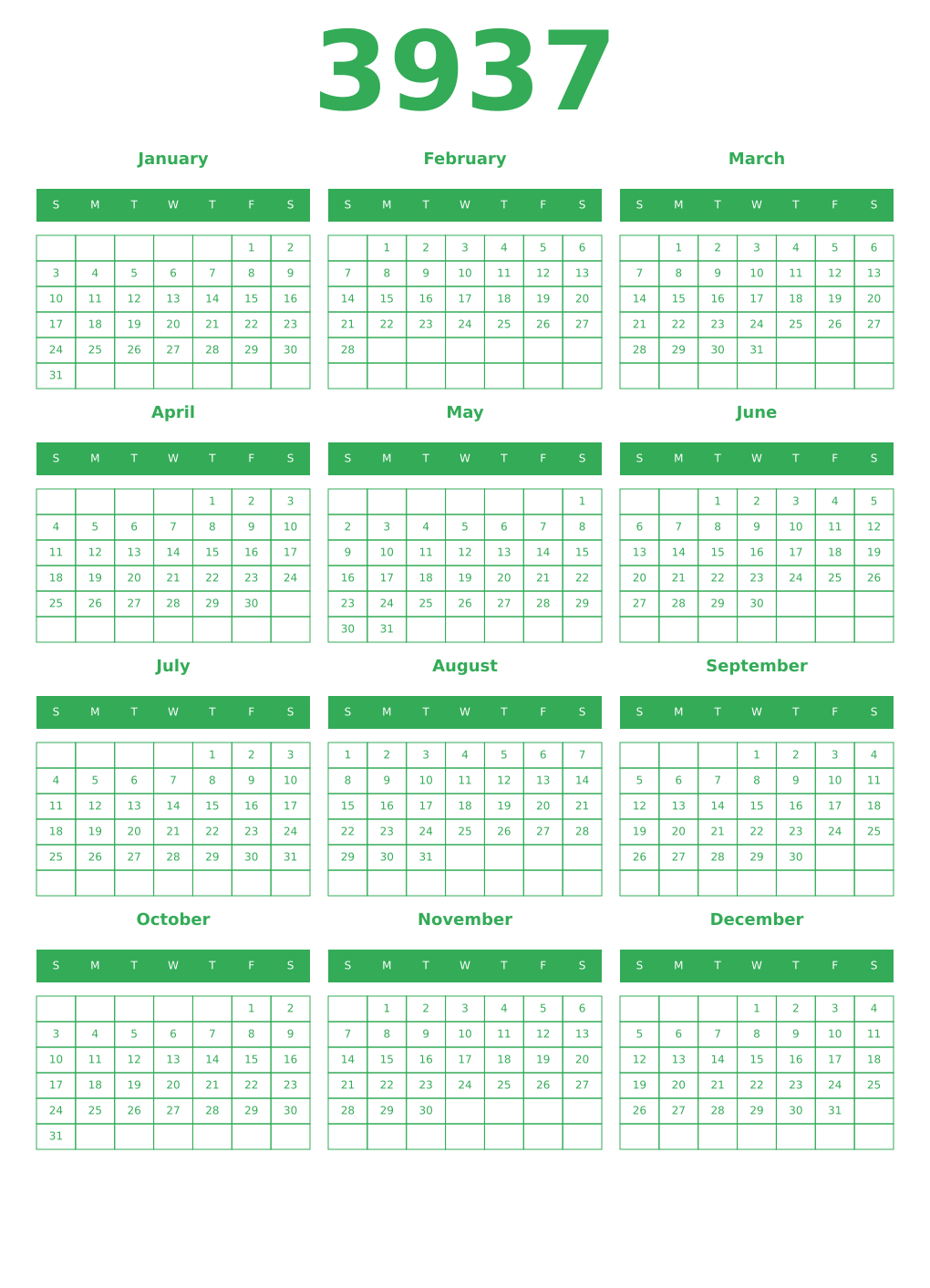 Printable 3937 Year Calendars green