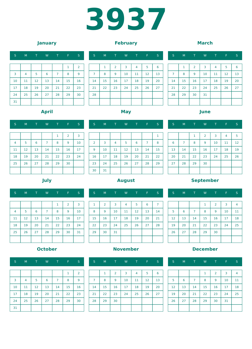 Printable 3937 Year Calendars pastel