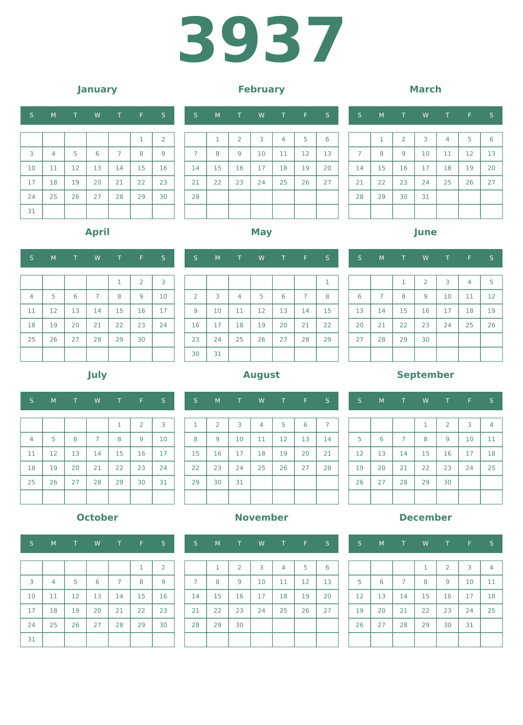 Printable 3937 Year Calendars viridian