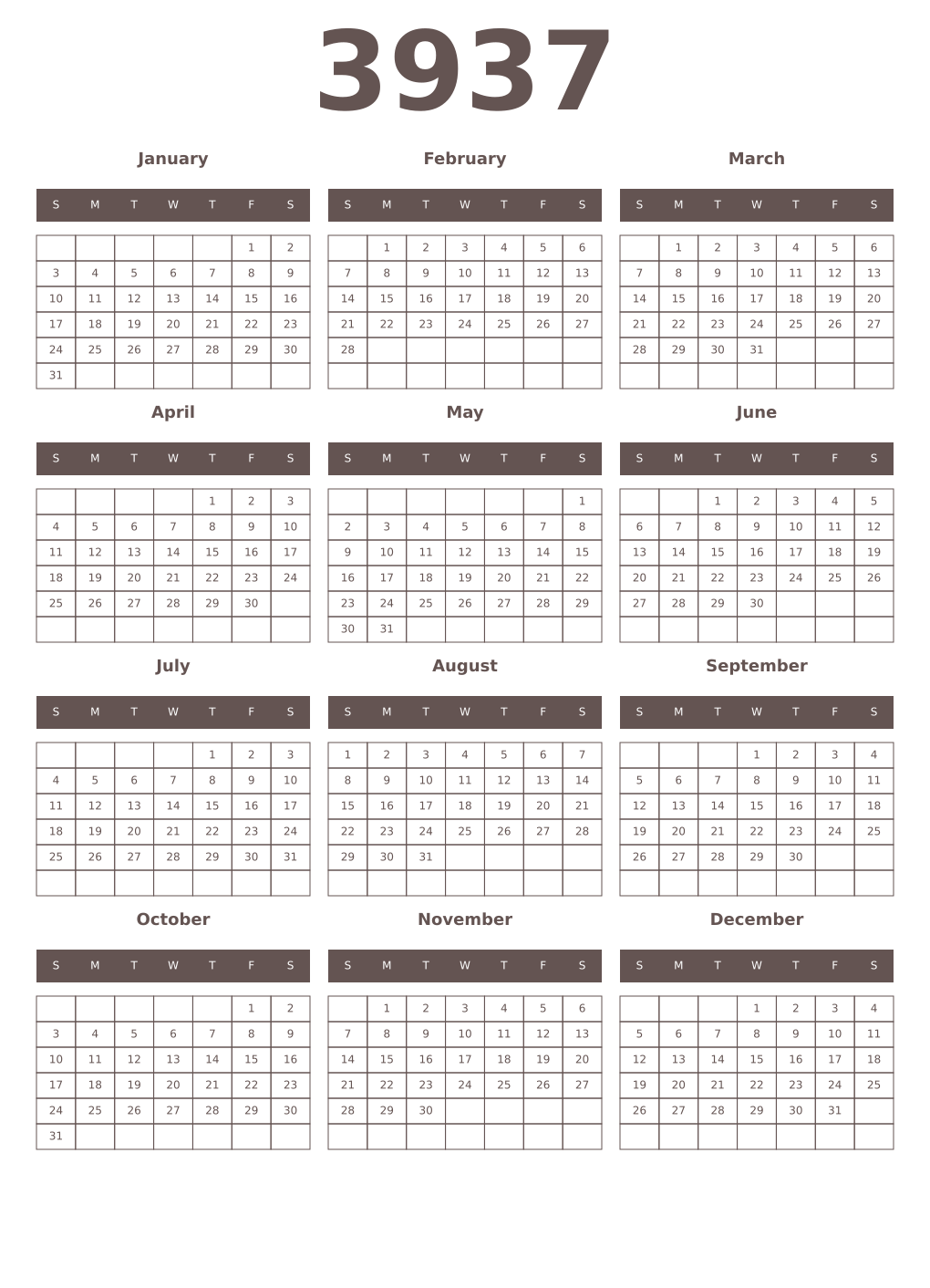 Printable 3937 Year Calendars wenge