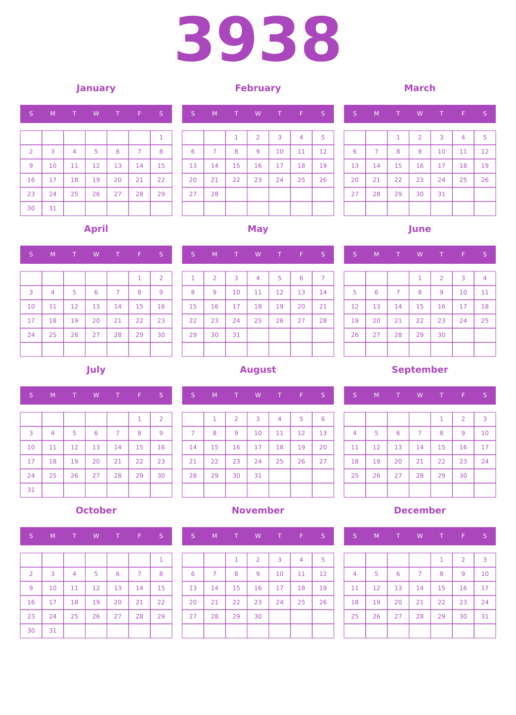 Printable 3938 Calendars