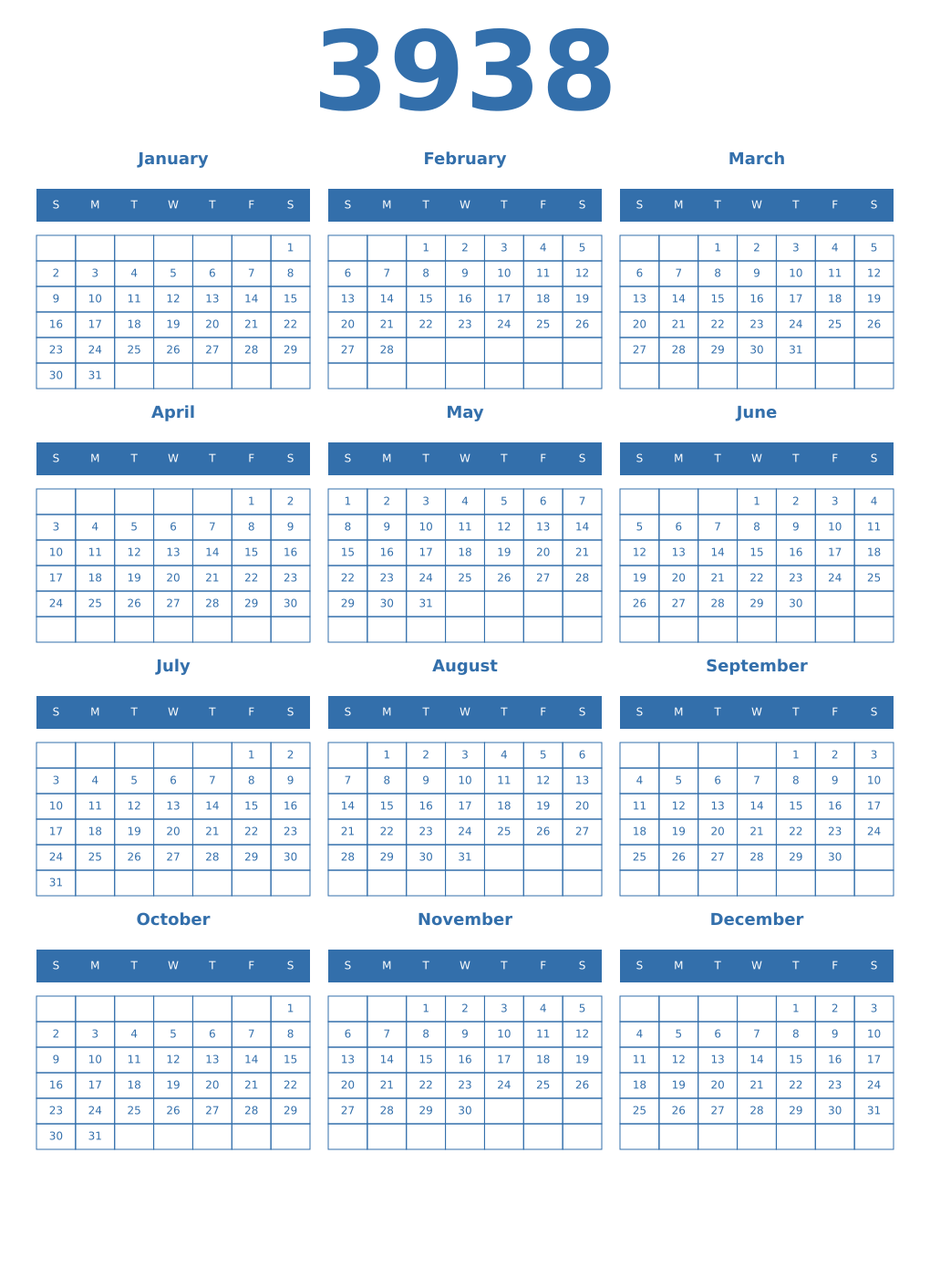 Printable 3938 Year Calendars blue
