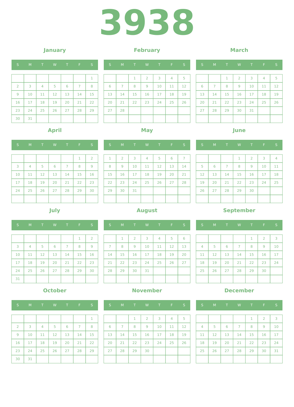 Printable 3938 Year Calendars celadon