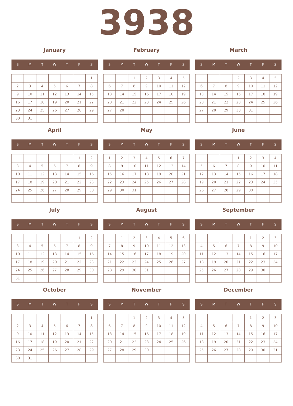 Printable 3938 Year Calendars coffe
