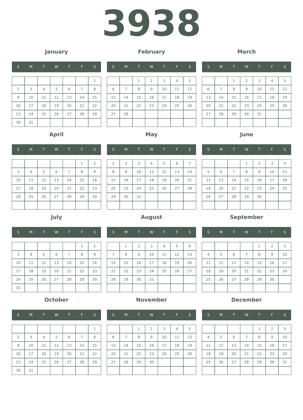 Printable 3938 Year Calendars feldgrau