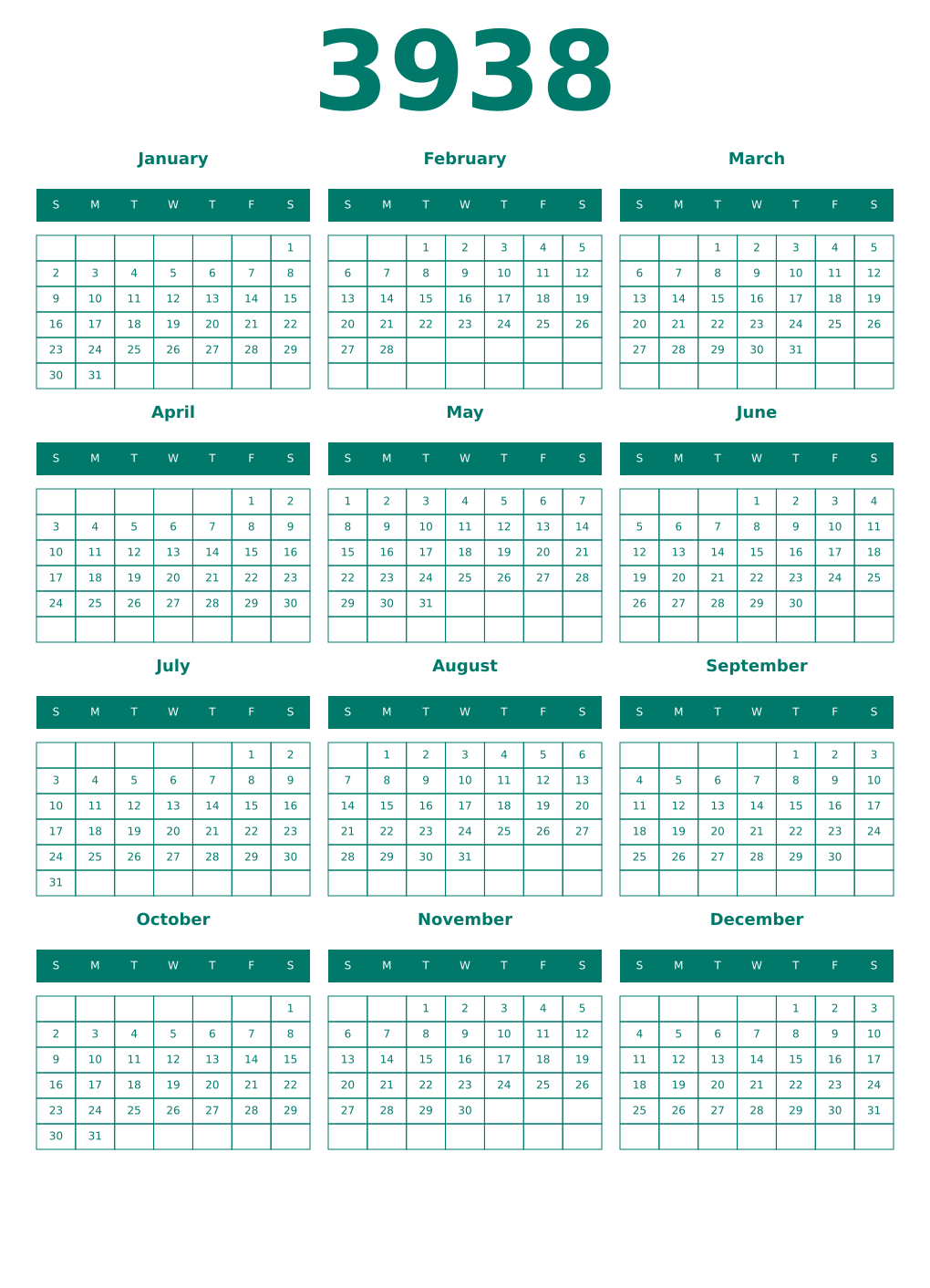 Printable 3938 Year Calendars pastel