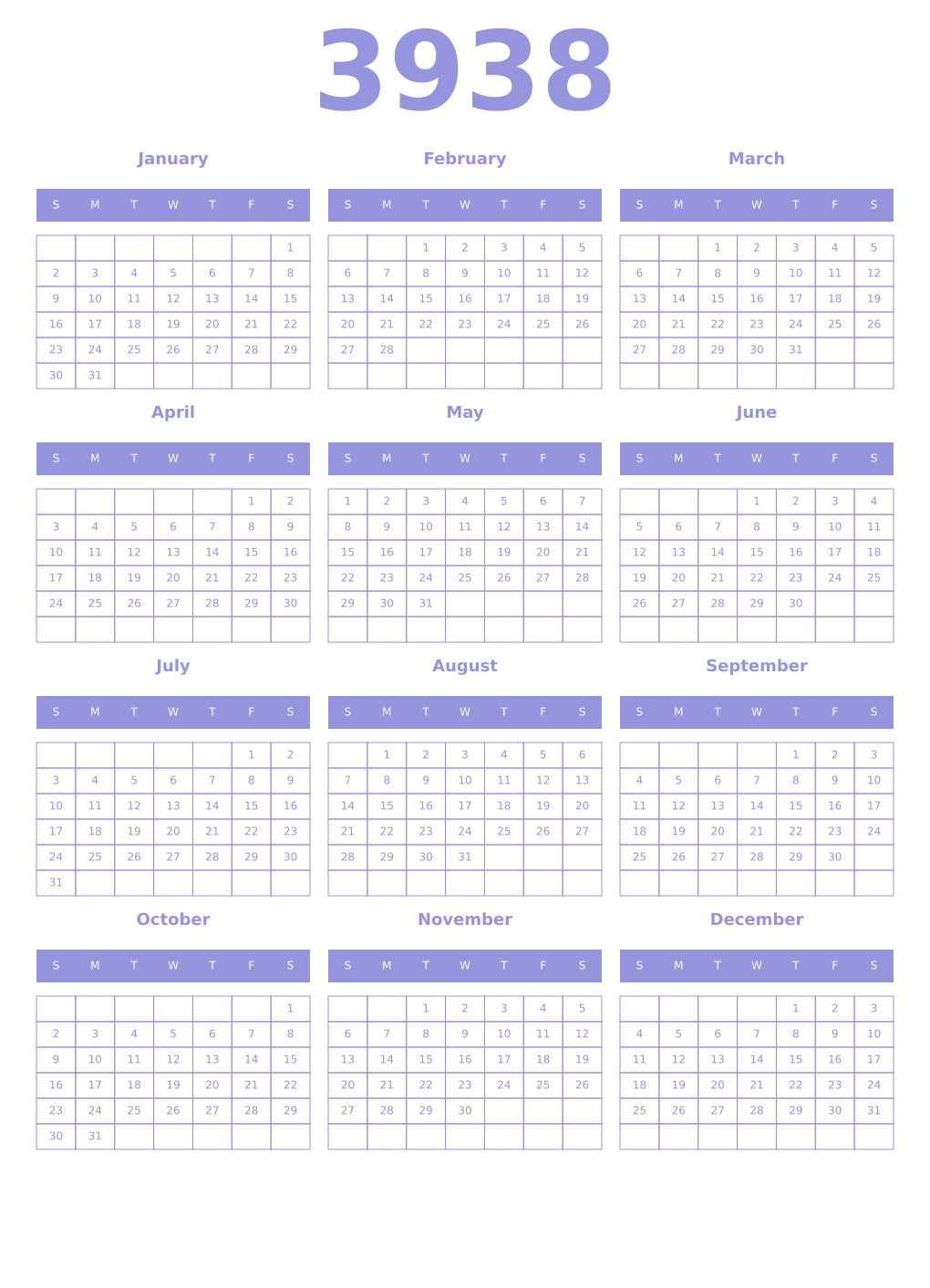 Printable 3938 Year Calendars periwinkle