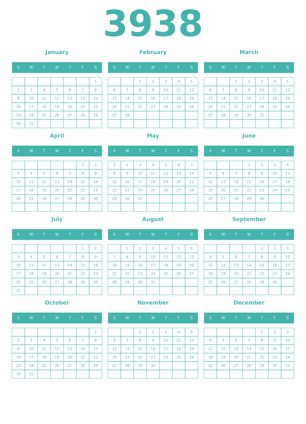 Printable 3938 Year Calendars verdigris