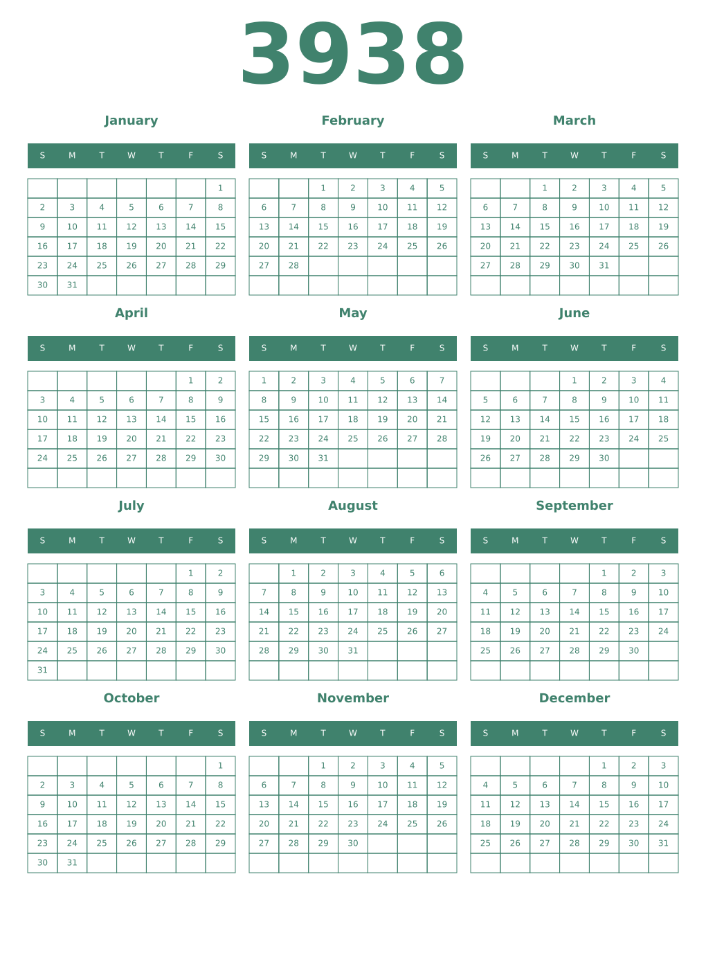 Printable 3938 Year Calendars viridian