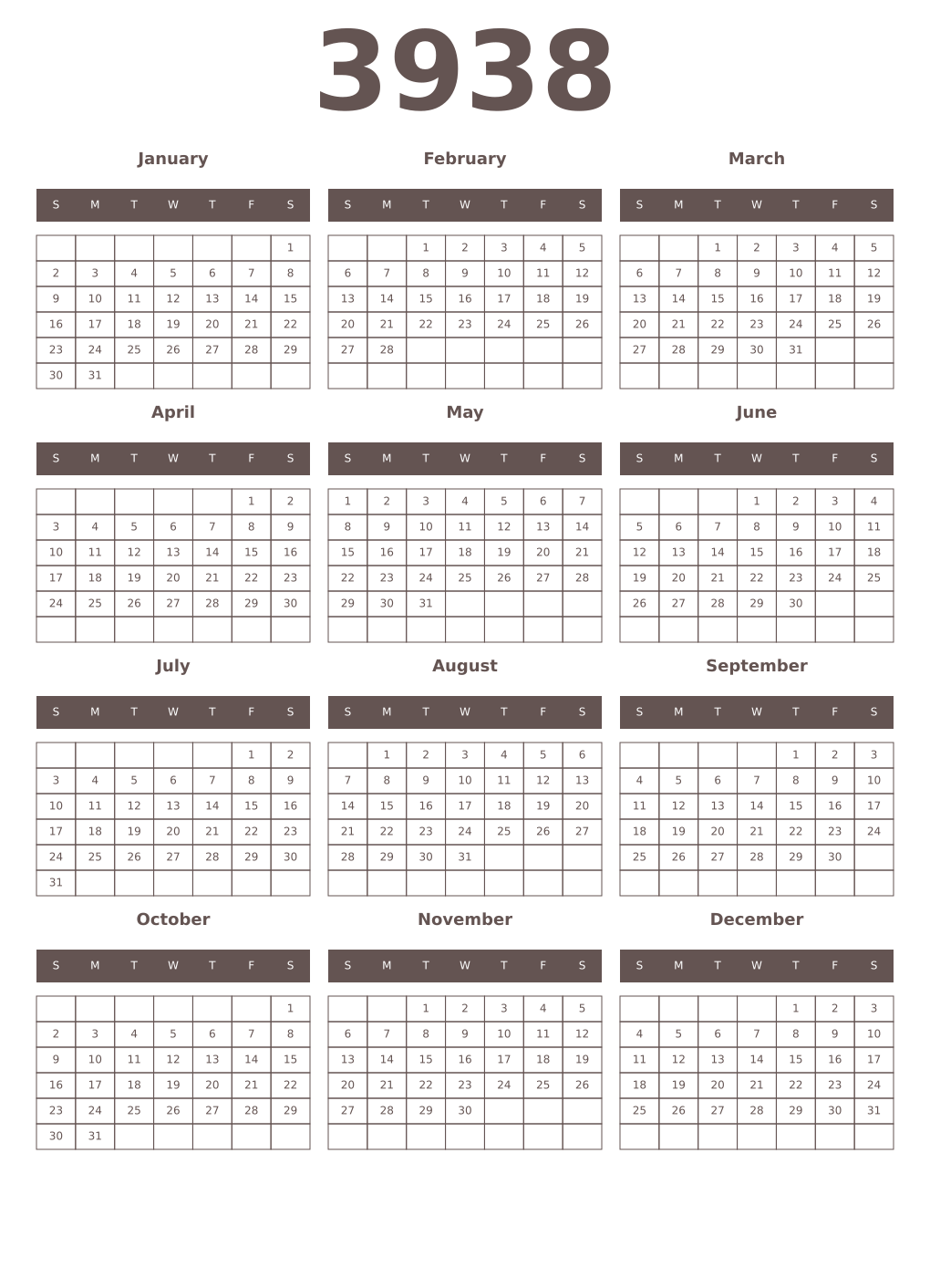 Printable 3938 Year Calendars wenge
