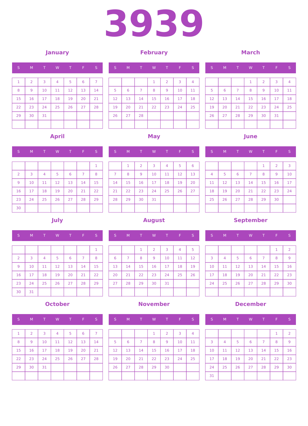 Printable 3939 Calendars