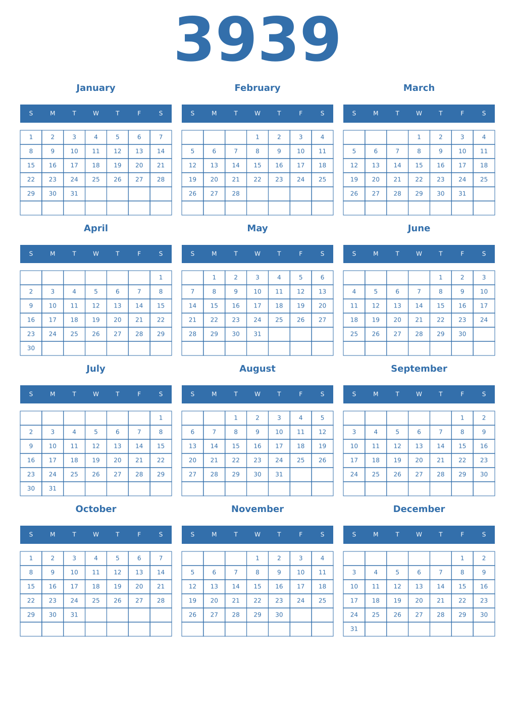 Printable 3939 Year Calendars blue