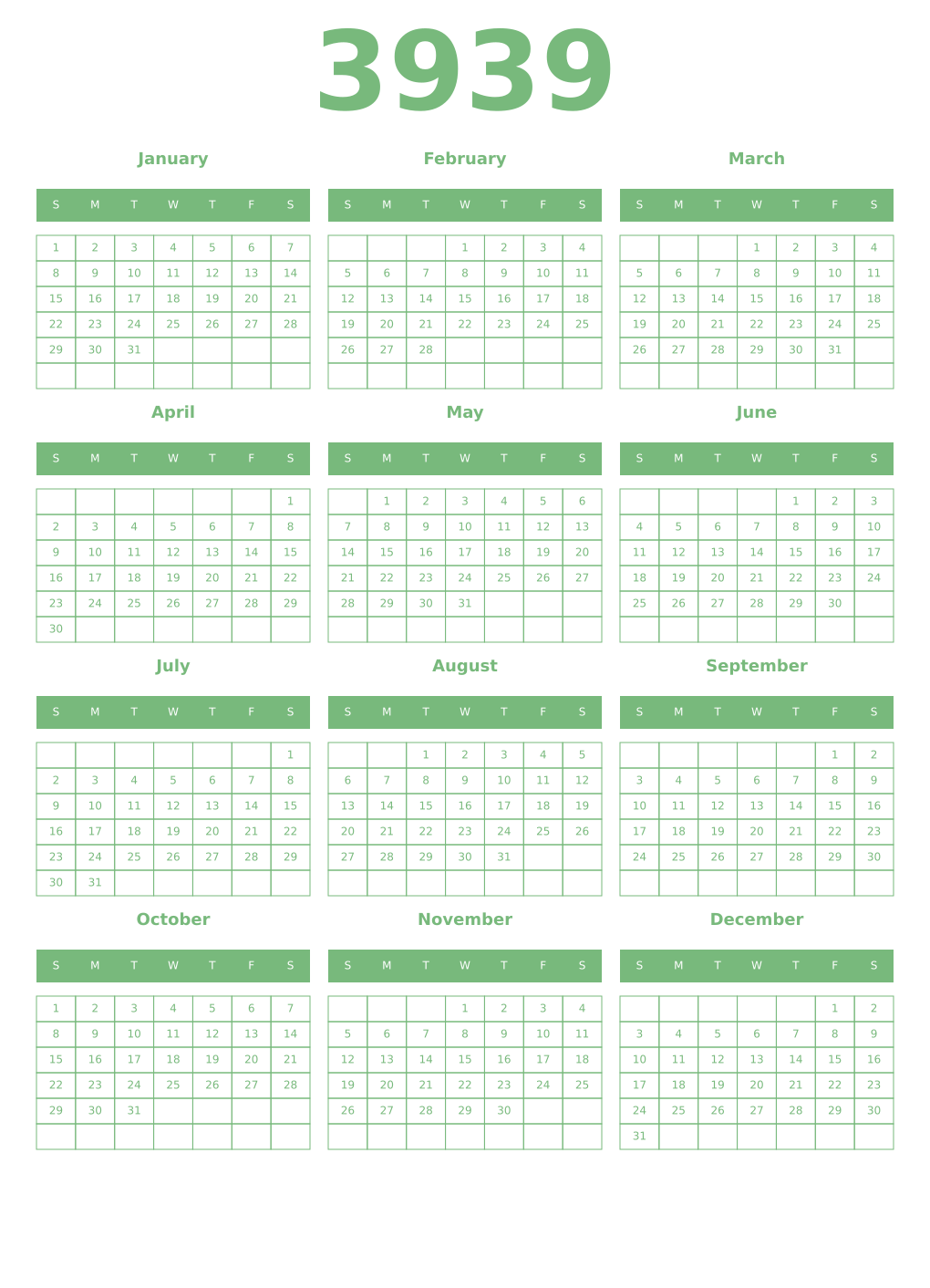 Printable 3939 Year Calendars celadon