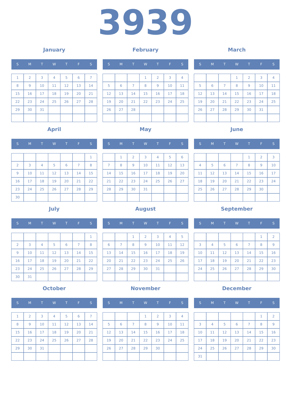 Printable 3939 Year Calendars glaucous