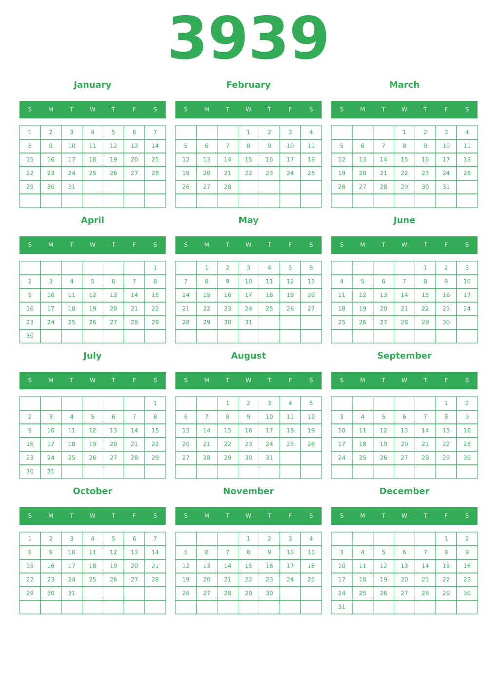Printable 3939 Year Calendars green