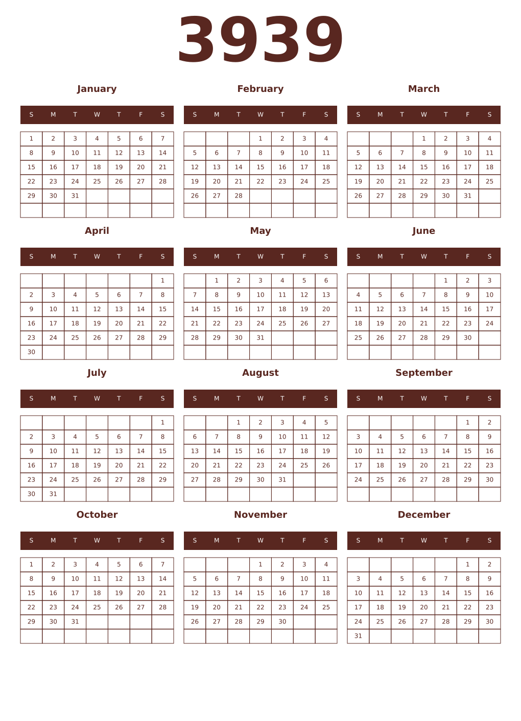 Printable 3939 Year Calendars mortuum