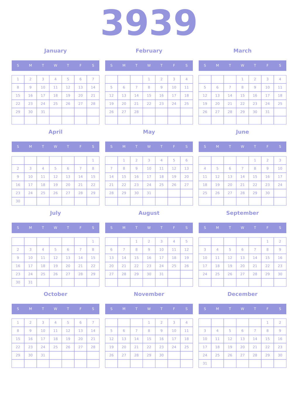 Printable 3939 Year Calendars periwinkle