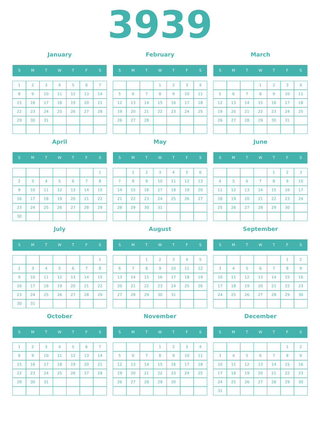 Printable 3939 Year Calendars verdigris