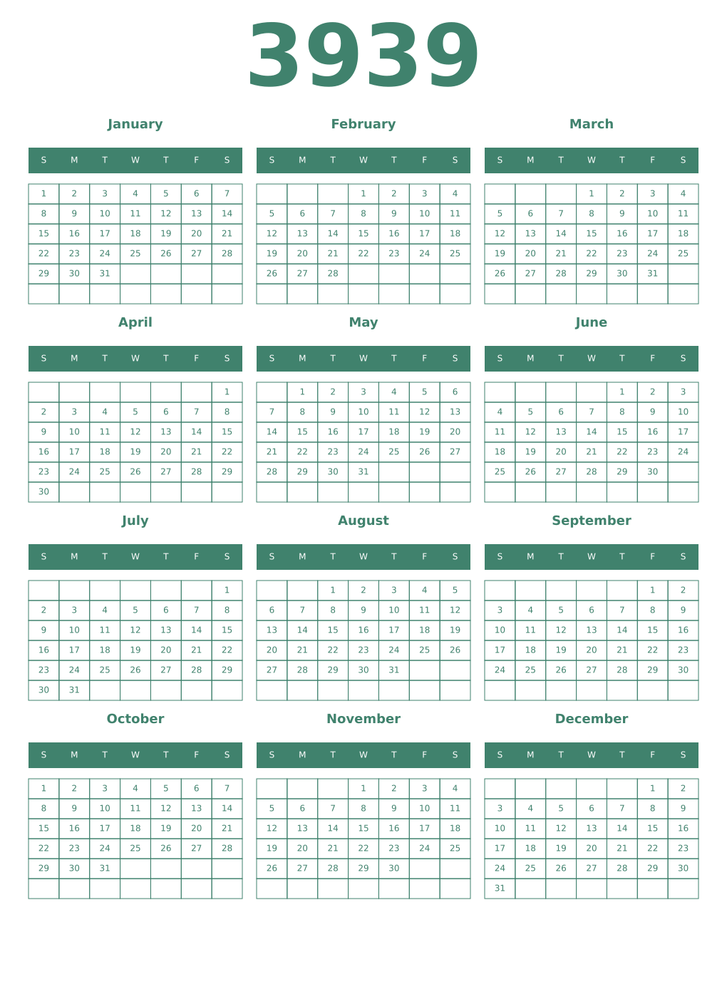 Printable 3939 Year Calendars viridian