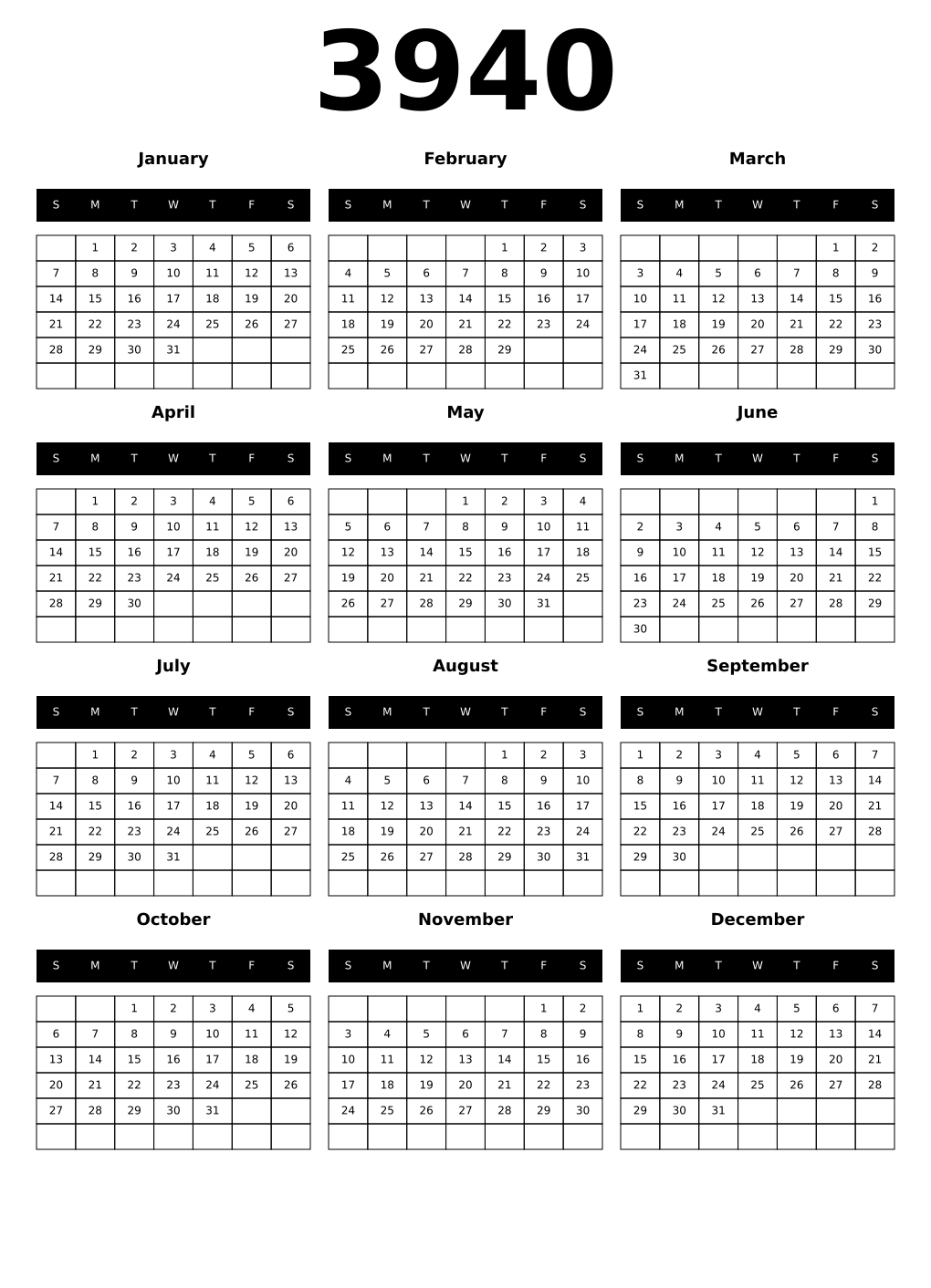 Printable 3940 Year Calendars black