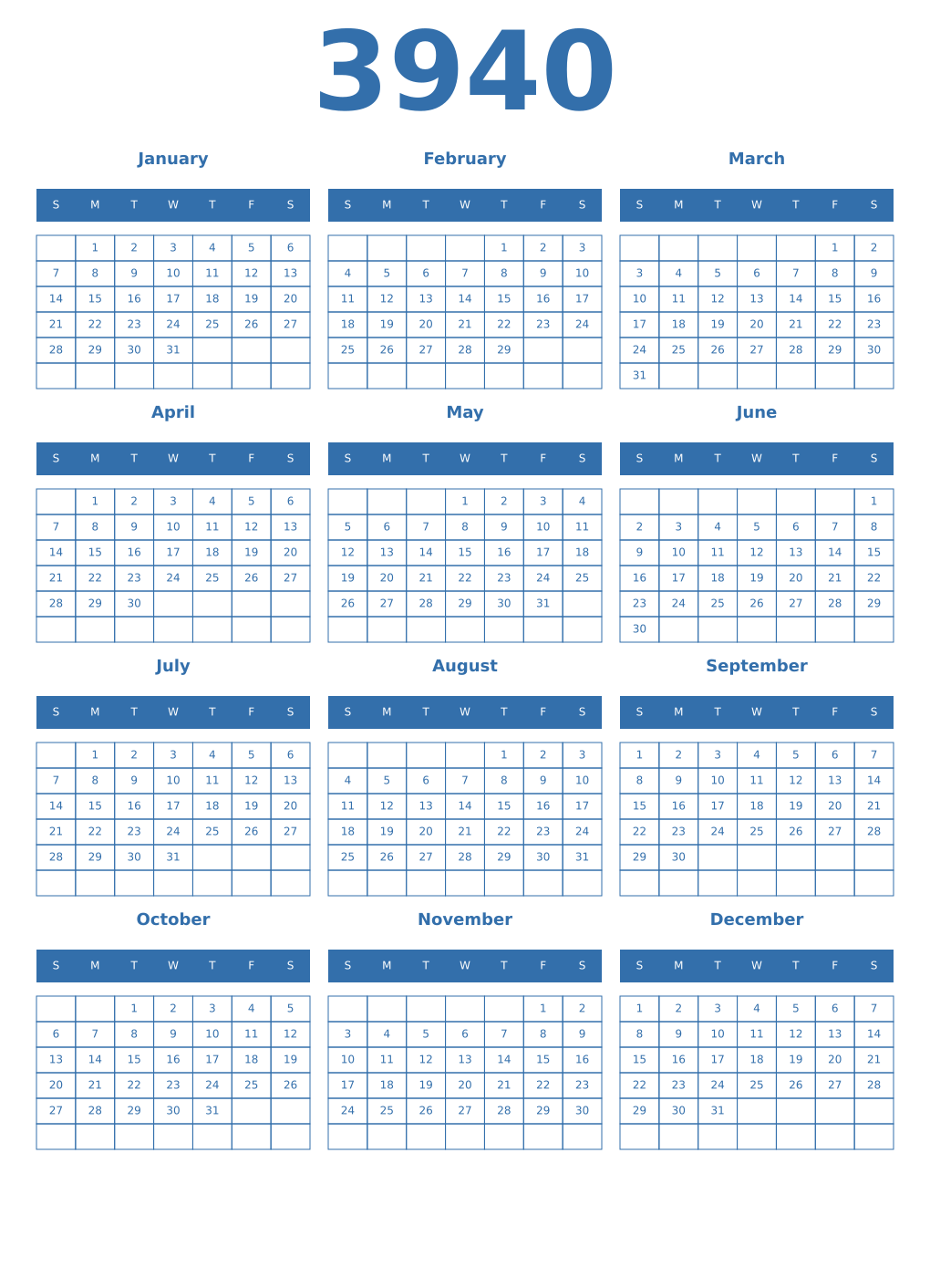 Printable 3940 Year Calendars blue
