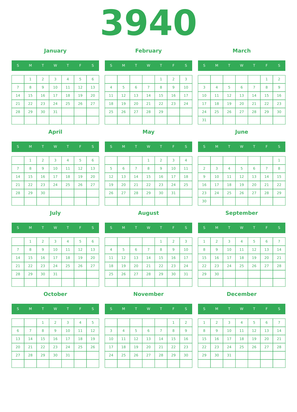 Printable 3940 Year Calendars green