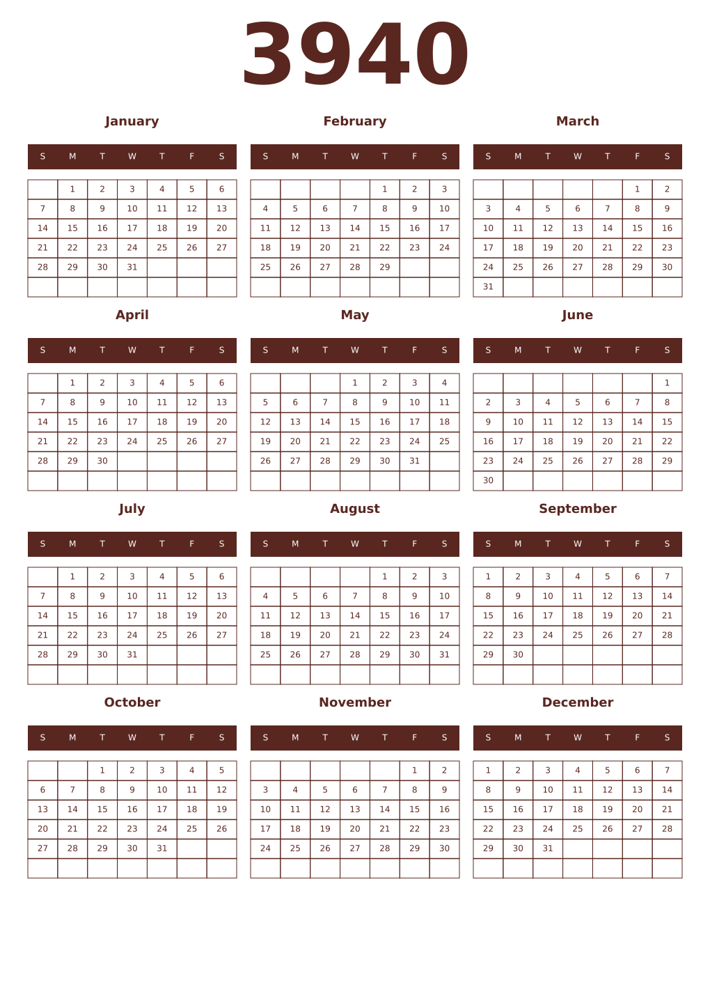 Printable 3940 Year Calendars mortuum
