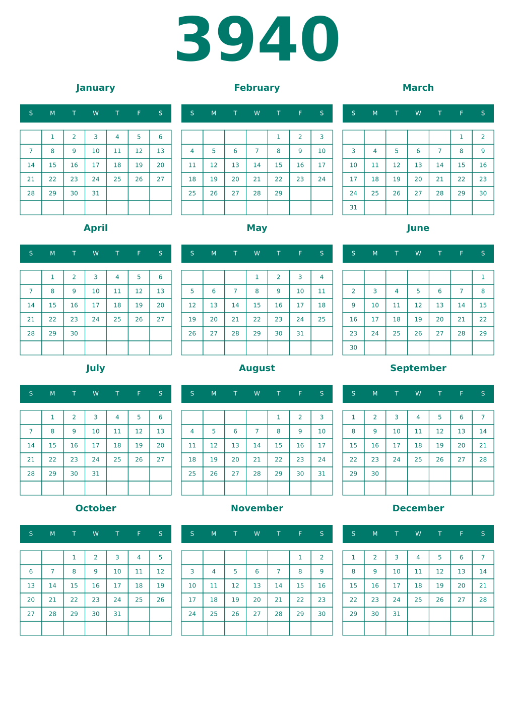 Printable 3940 Year Calendars pastel
