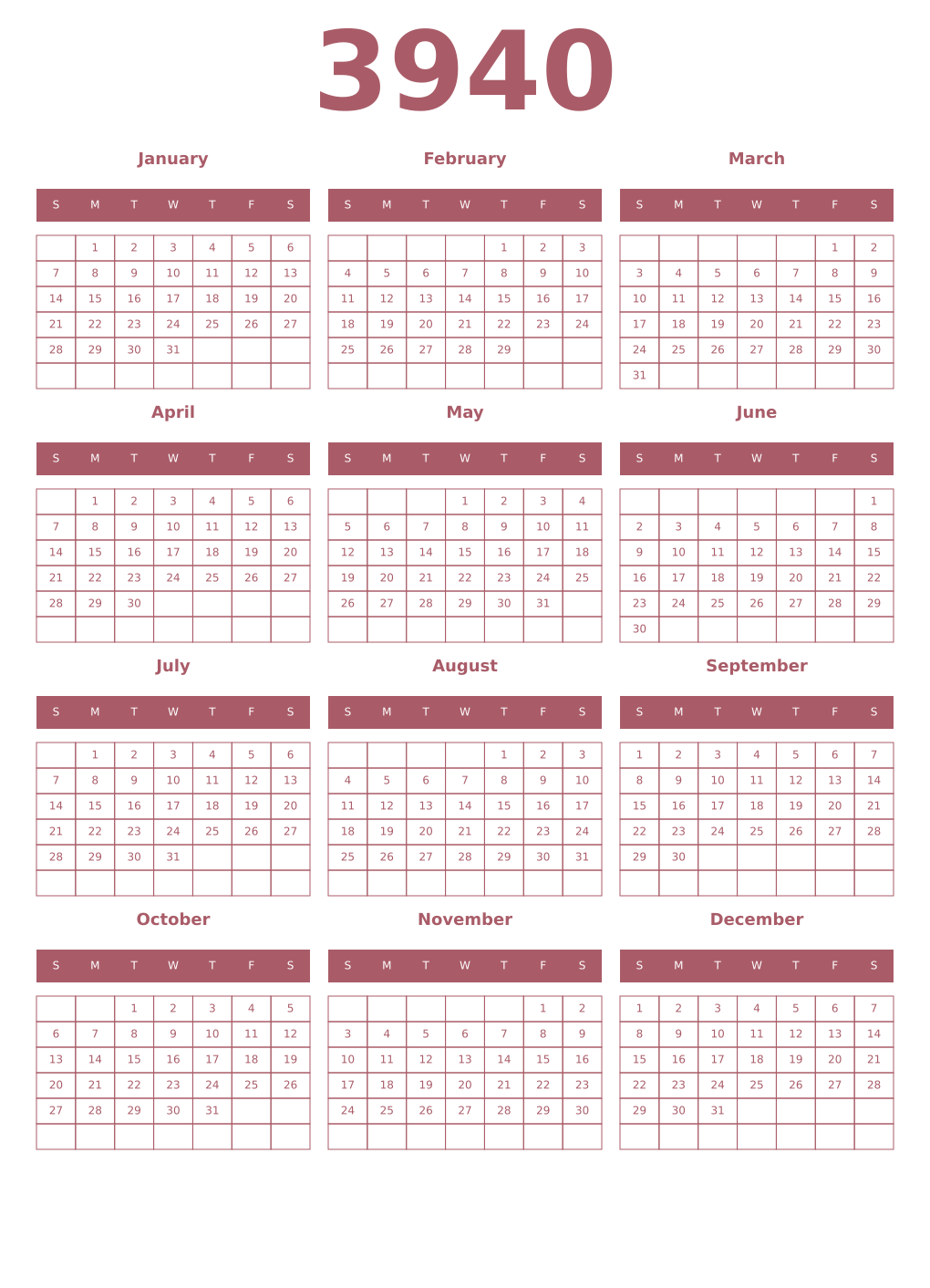 Printable 3940 Year Calendars puce