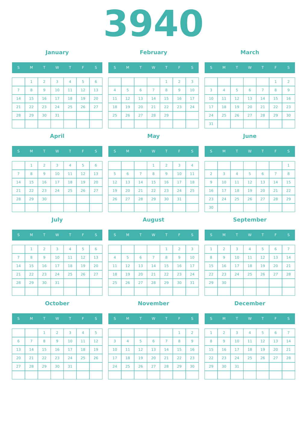 Printable 3940 Year Calendars verdigris