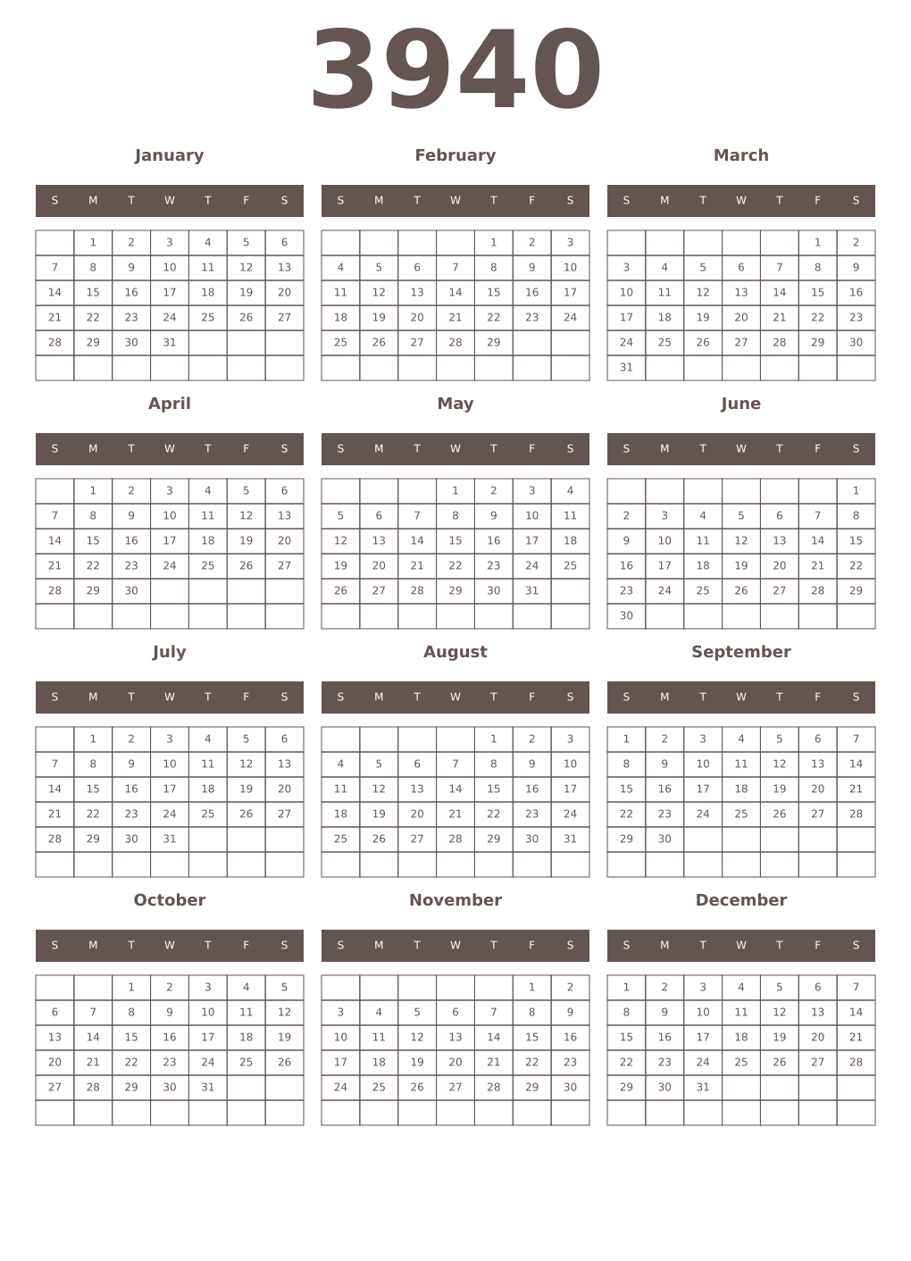 Printable 3940 Year Calendars wenge