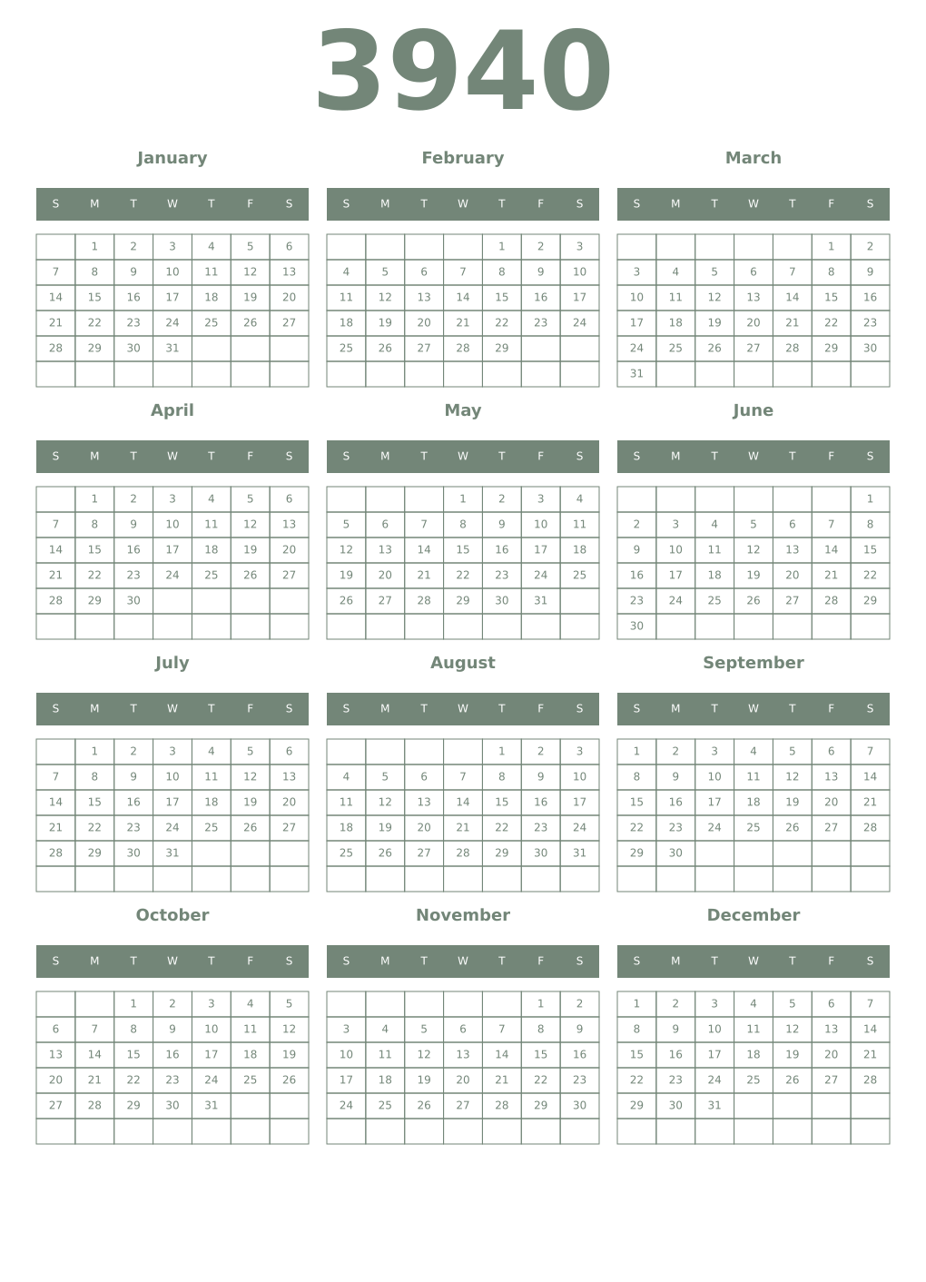 Printable 3940 Year Calendars xanadu
