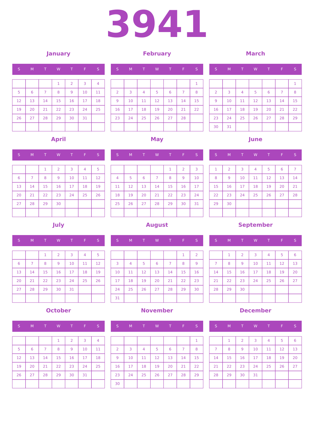 Printable 3941 Calendars