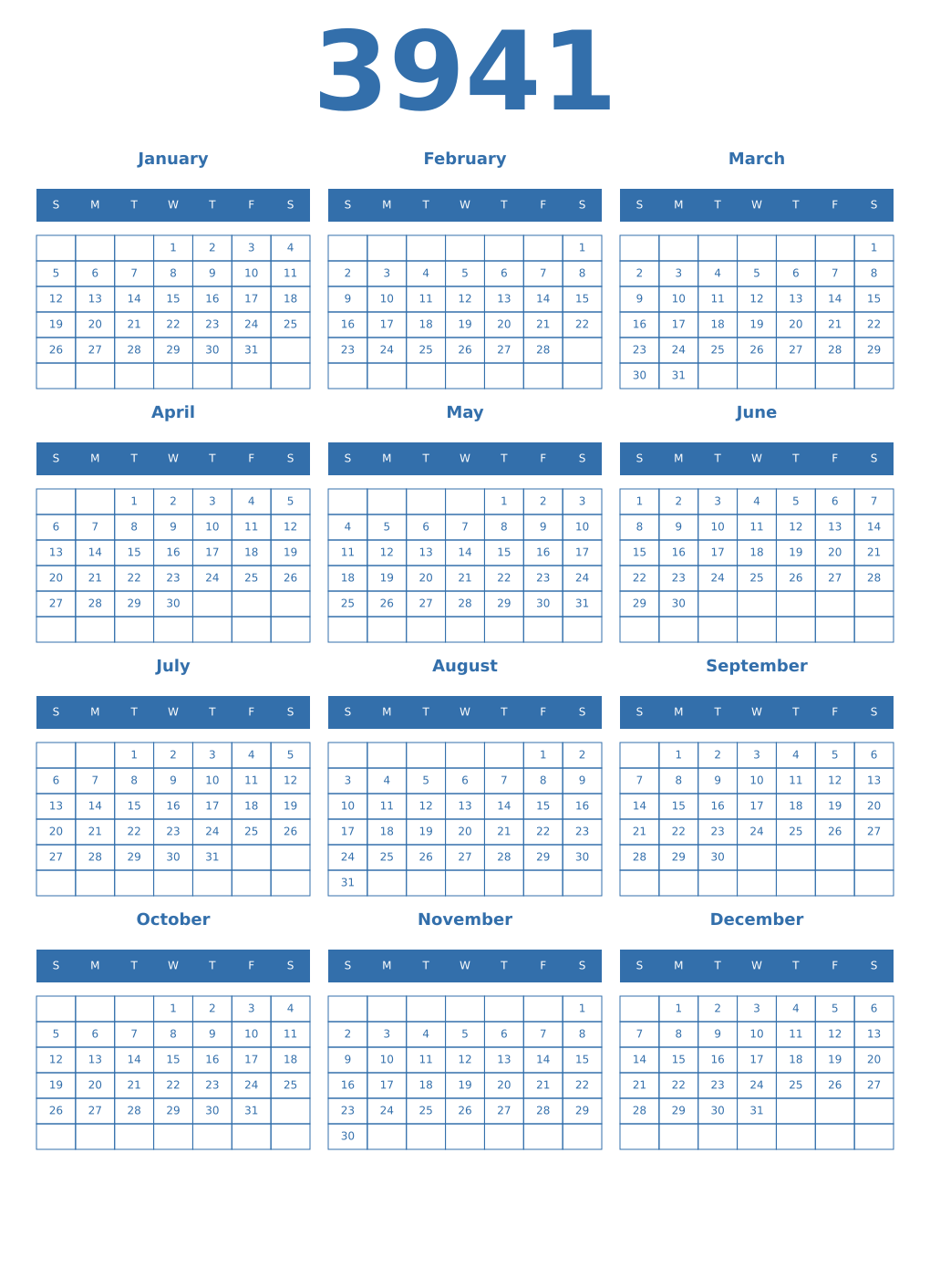 Printable 3941 Year Calendars blue