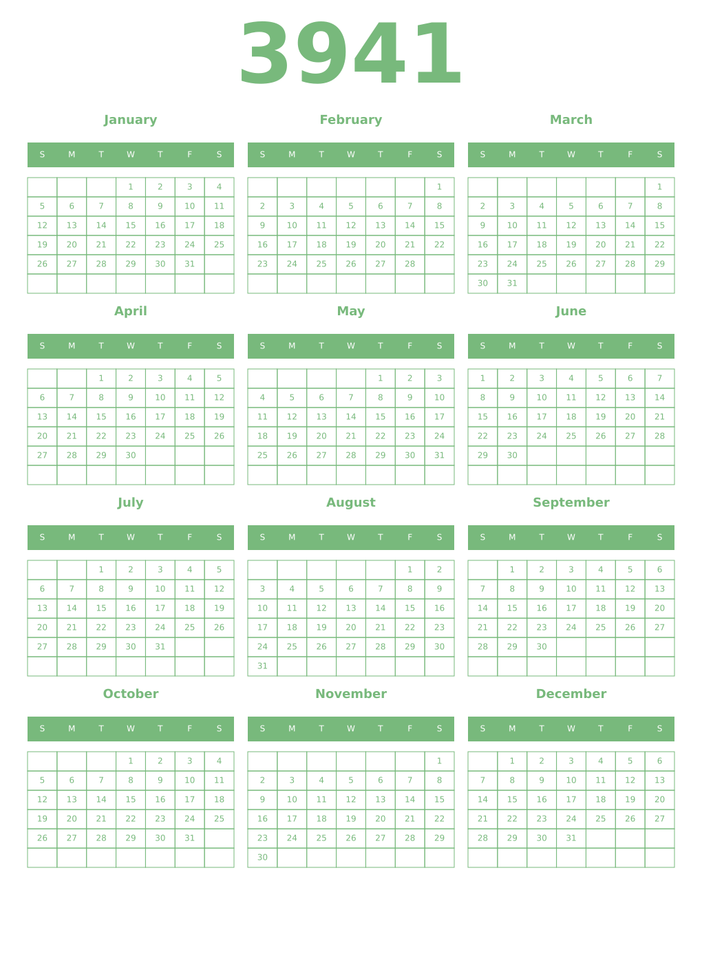 Printable 3941 Year Calendars celadon