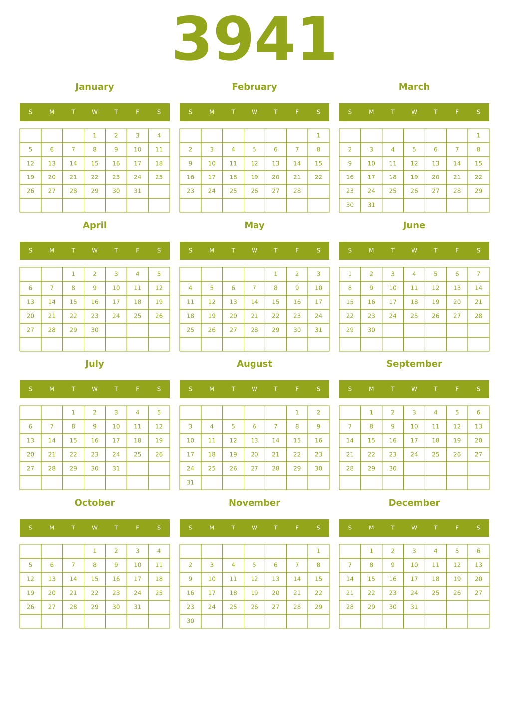 Printable 3941 Year Calendars chartreuse