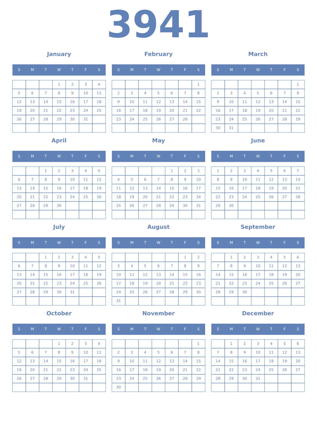 Printable 3941 Year Calendars glaucous