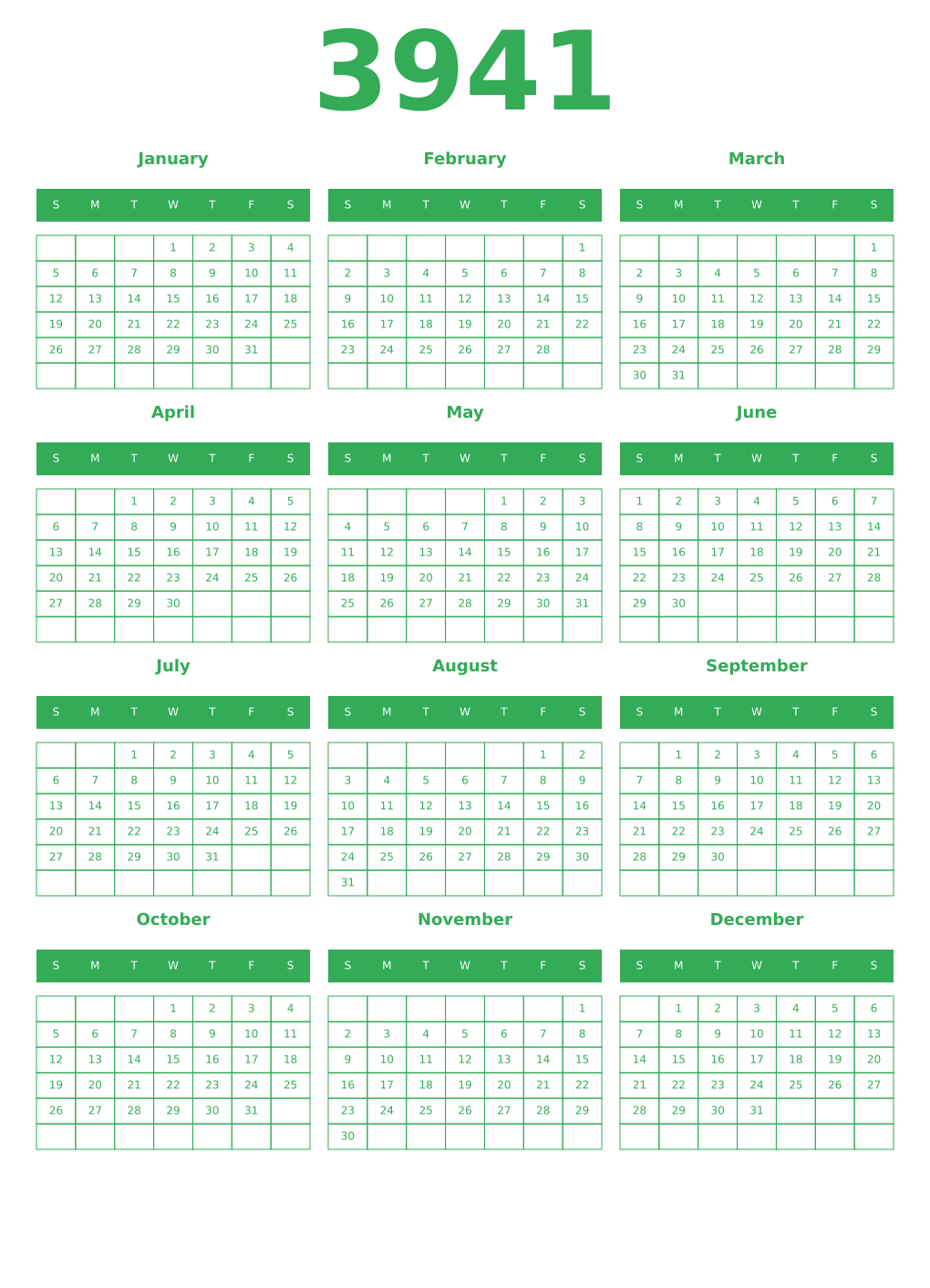 Printable 3941 Year Calendars green