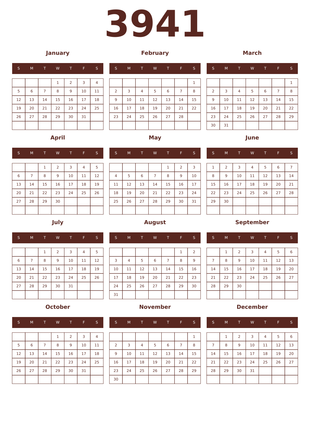 Printable 3941 Year Calendars mortuum
