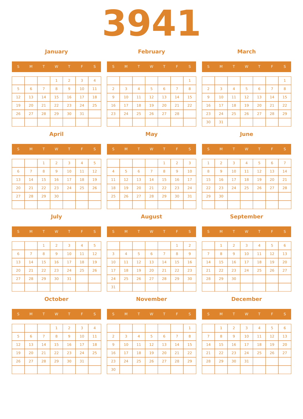 Printable 3941 Year Calendars orange
