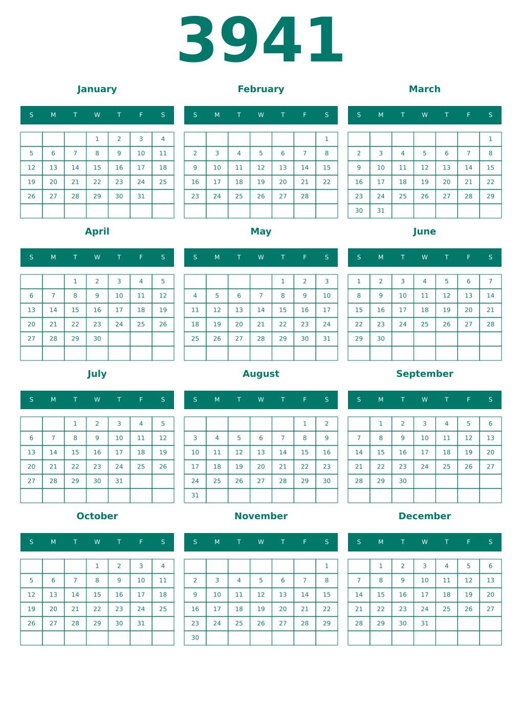 Printable 3941 Year Calendars pastel