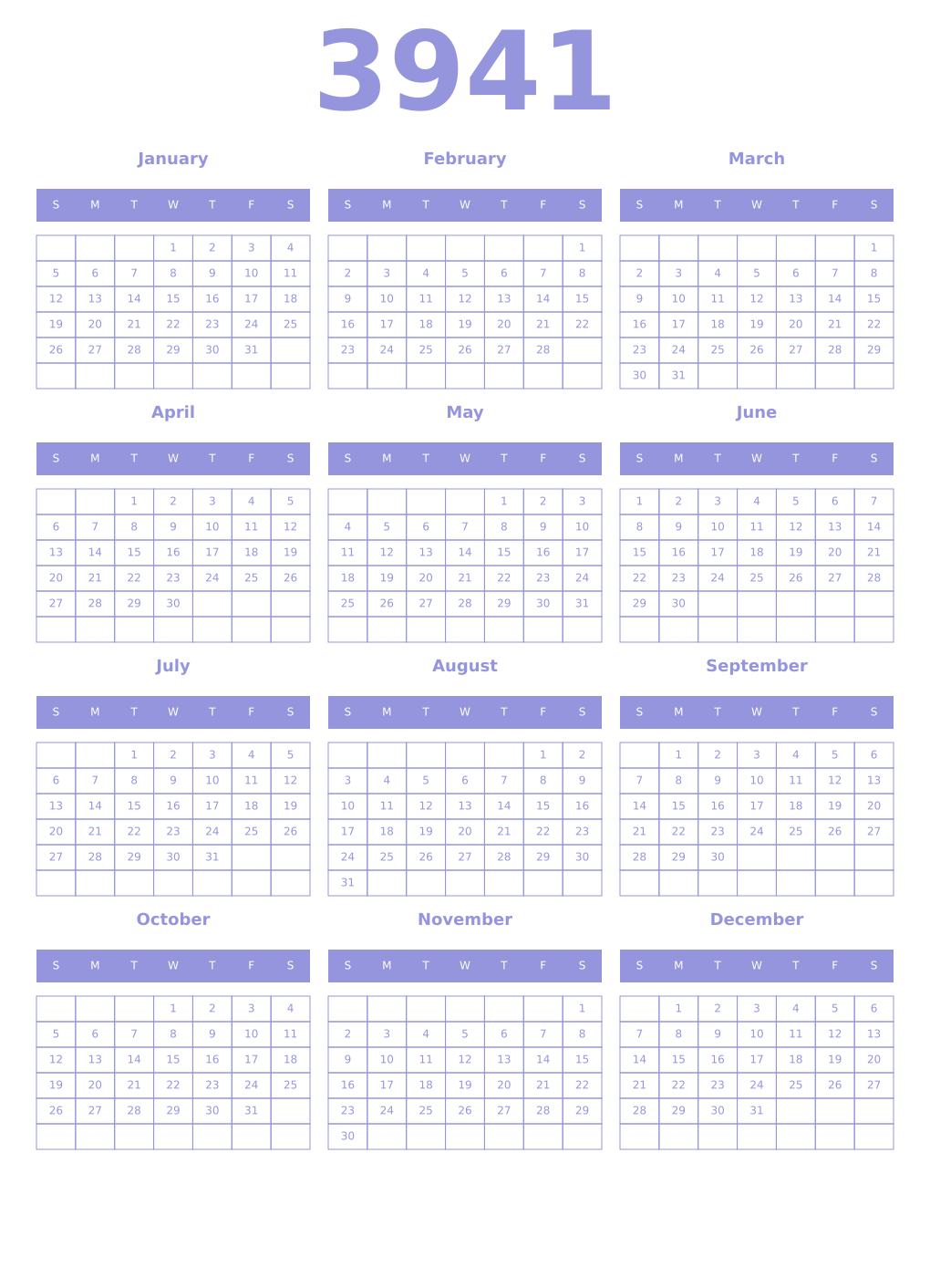 Printable 3941 Year Calendars periwinkle