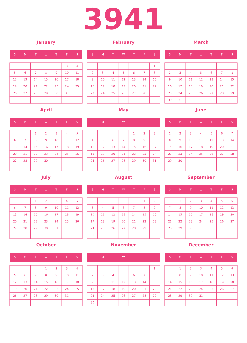 Printable 3941 Year Calendars pink