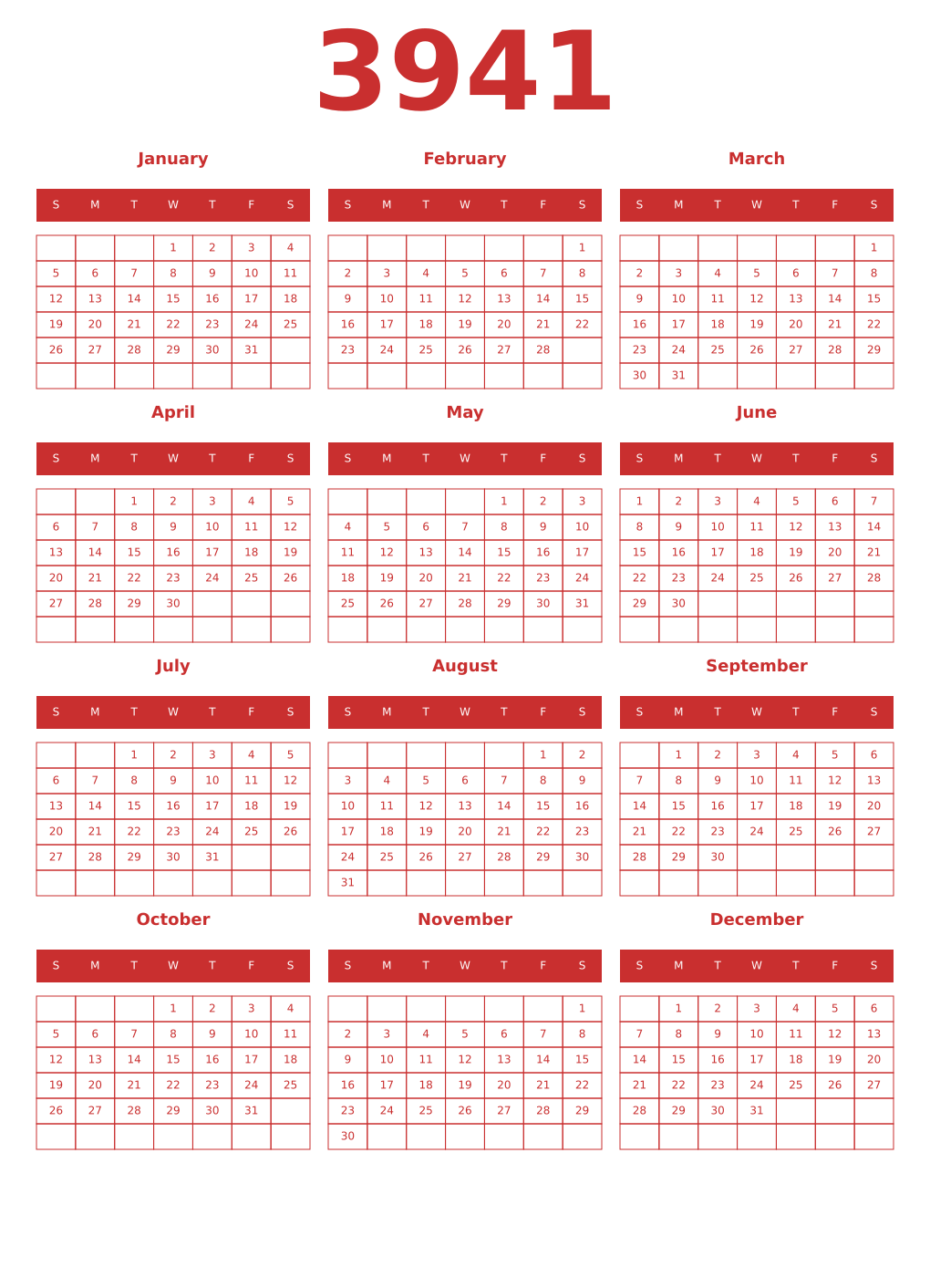 Printable 3941 Year Calendars red